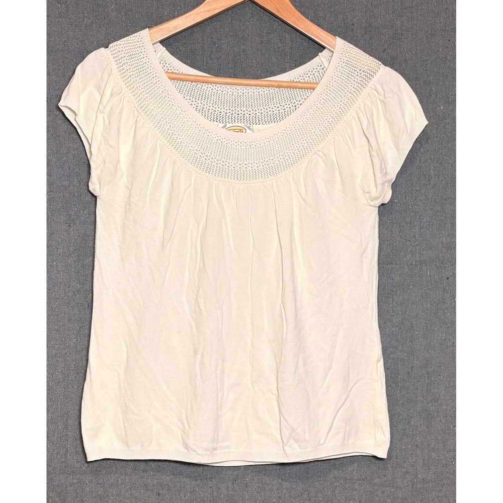 Talbots Ivory Knit Top Made in Italy Crochet Neck Short Sleeve Cream Large